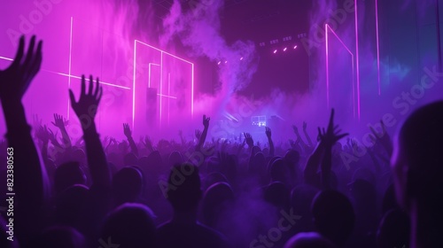 A dynamic scene of concertgoers with hands raised, illuminated by striking neon lights in a misty concert setting.