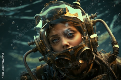 Close-up of a woman wearing an old-fashioned diving helmet, submerged in deep water