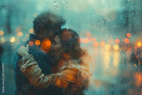 Digital artwork of couple embracing with a reflection in city stock picture