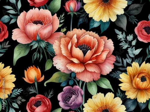 Seamless design. Beautiful Colorful abstract watercolor flowers bouquet