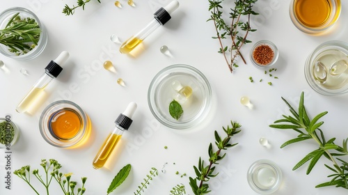 The image showcases natural medicine, cosmetic research, bio science, and organic skin care products. A petri dish is placed on a white background, providing a top view and flat lay perspective.  photo