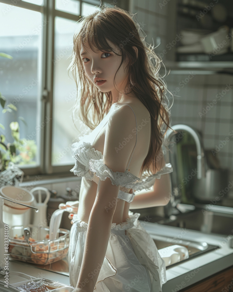 18 year old Japanese female super cute photo model, beautiful hairstyle, standing in a kitchen.