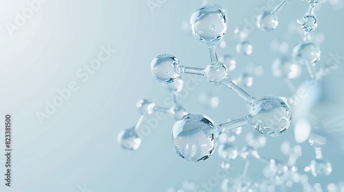 Vector 3D illustration of glass molecules or atoms arranged on a light blue background. This concept represents biochemical, pharmaceutical, beauty, and medical themes, making it ideal for science or 
