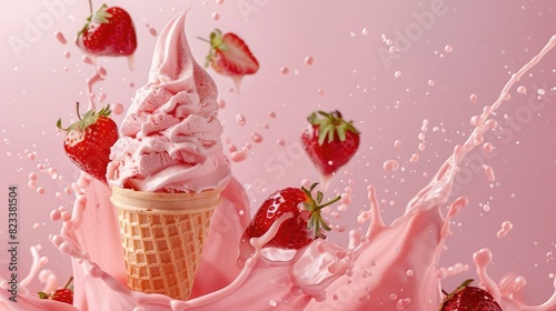 ,Delicious strawberry ice cream sundae with spiral design on top of it, berries and waffles. Fantastic background with pink and blue soft clouds and flying drops Sweet dessert cream. Milkshake concept