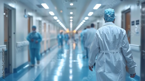 A healthcare professional in protective clothing walks down a brightly lit hospital corridor filled with medical staff