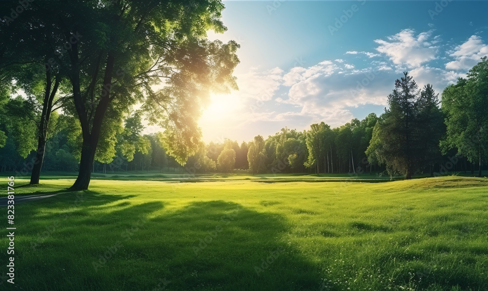 A large expanse of urban park with green grass and trees. A place to rest and relax.