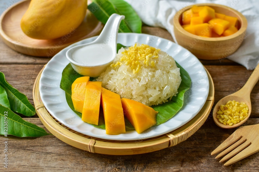 Mango and Sticky Rice on banana leaf with white plate and coconut milk wooden blackground, top view food table Mango and Sticky Rice on banana leaf with white plate and coconut milk wooden blackground, top view food table