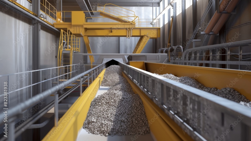 Close-up view of a conveyor belt transporting gravel in a production facility, emphasizing the continuous flow of materials.