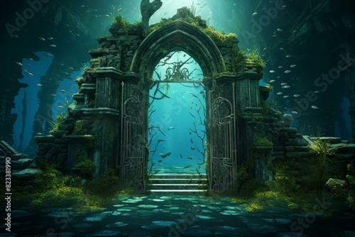 Artistic representation of an ancient, overgrown gate amidst a serene underwater landscape