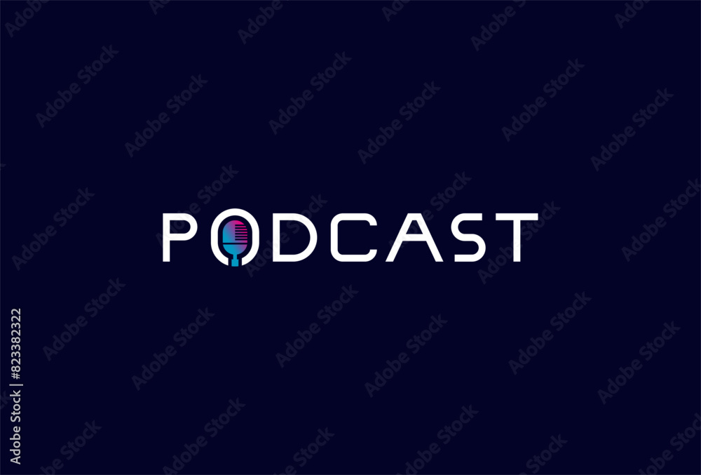 Podcast Logo, letter O as microphone in text podcast typography logo, vector illustration Podcast Logo, letter O as microphone in text podcast typography logo, vector illustration