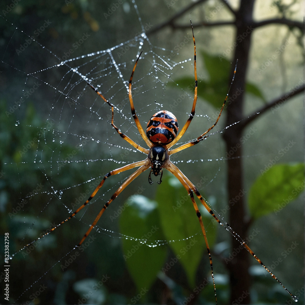Vibrant Colored Spider on Dewy Web Amidst Green Foliage Vibrant Colored Spider on Dewy Web Amidst Green Foliage