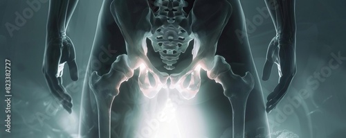 A diagnostic Xray of the hip region, where the beacons light effectively reveals potential injuries or discomfort, and vertebrae are clearly visible for orthopedic assessment photo