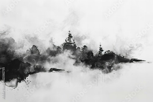 Featuring a black and white painting with smoke on a white background