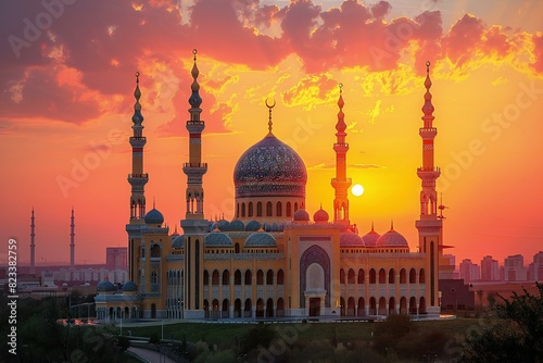 Illustration of sunrise over the mosque on the sunset background