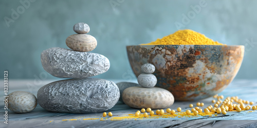 Pyramid of stones Food Grade Powder with grey background.