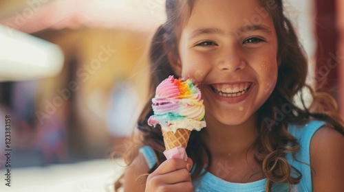 A young girl is holding a rainbow ice cream cone and smiling