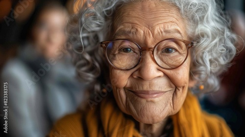 Portrait of an elderly woman with warm glasses and a content smile, symbolizing wisdom and a lifetime of experiences