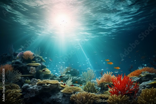 Tranquil underwater scene featuring coral reefs and fish bathed in beams of sunlight