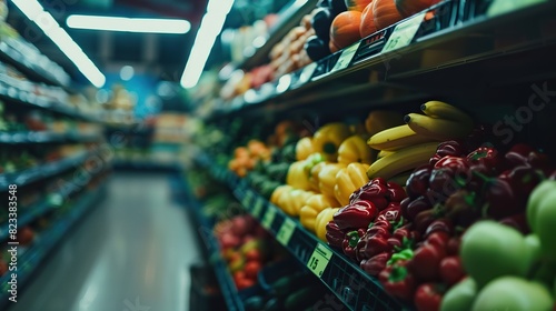 Fresh fruits and vegetables displayed on supermarket aisle shelves photo