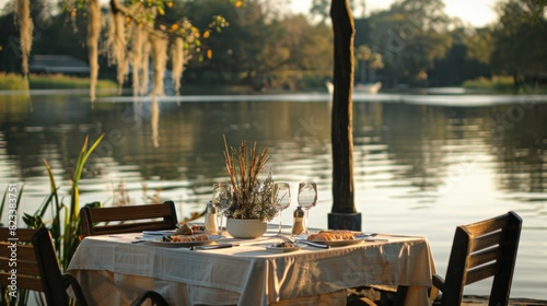 A tranquil lakeside restaurant with a table set for two, featuring seafood dishes like grilled salmon and shrimp salad, with the calm water providing a peaceful backdrop