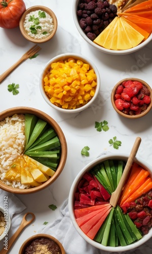 An overhead view of colorful bowls filled with fresh fruits and vegetables, beautifully arranged on a white marble surface. The vibrant display of healthy ingredients is perfect for promoting