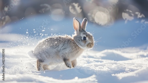 Cute rabbit in the snow for winter holiday designs © Yusif