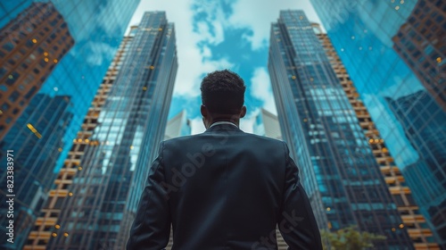 Rear view of a man in a suit contemplating towering skyscrapers against a cloudy sky backdrop