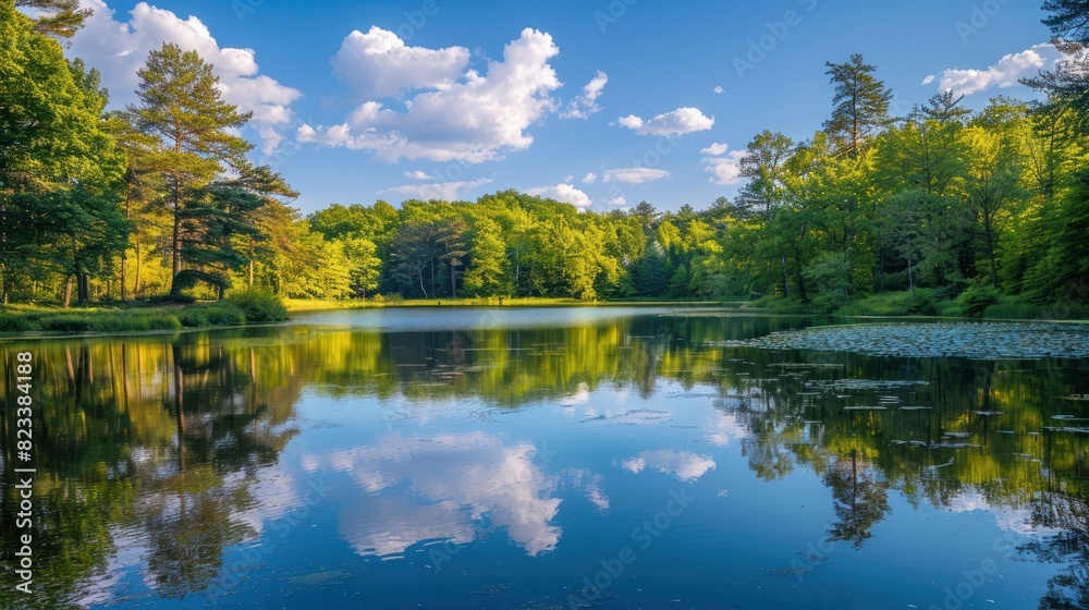 A serene lake with reflections of surrounding trees. --ar 16:9 Job ID: ad36d6f8-29b7-4524-b6a4-6e69b2fa7253