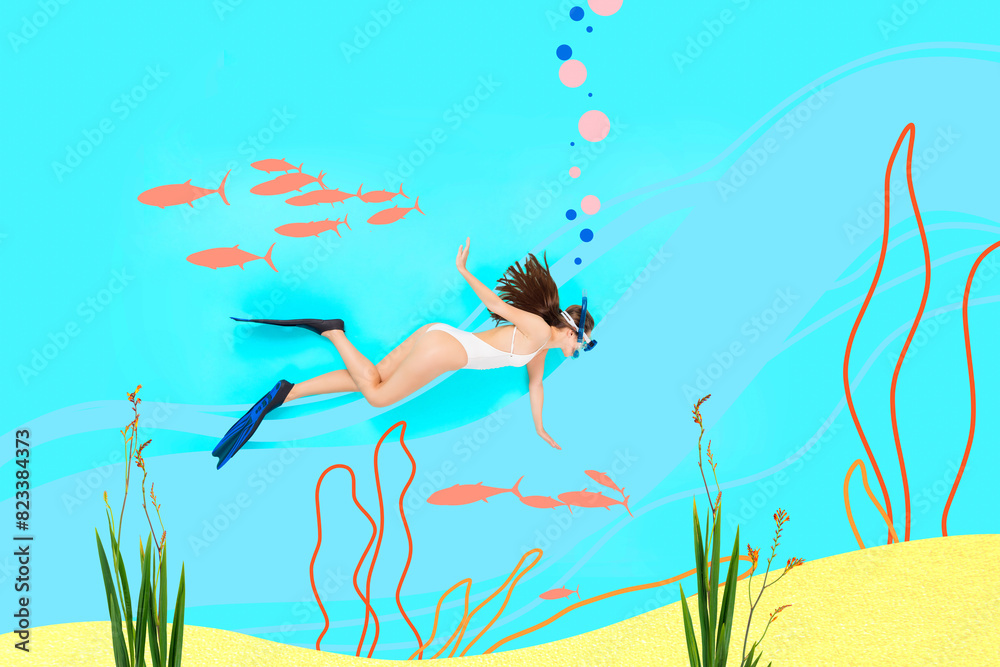 Obraz premium Composite photo collage of sexy girl dive undersea swim equipment fish ocean seaweed habitat summer tourist isolated on painted background