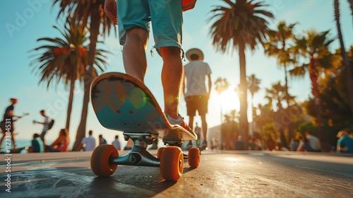 Fototapeta Naklejka Na Ścianę i Meble -  Depict a group of friends skateboarding down a sunny beach boardwalk, with palm trees and the ocean in view, Close up