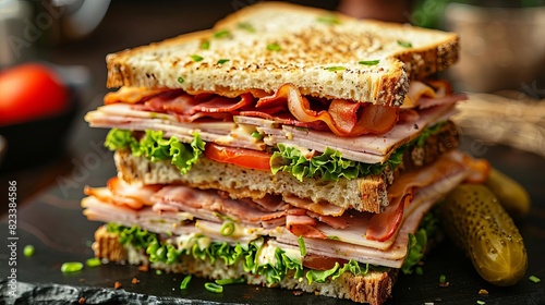 Depict a hearty club sandwich stacked with turkey, ham, bacon, lettuce, tomato, and mayonnaise, served with a pickle on the side, Close up