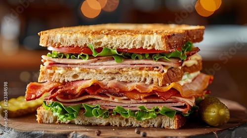 Depict a hearty club sandwich stacked with turkey, ham, bacon, lettuce, tomato, and mayonnaise, served with a pickle on the side, Close up