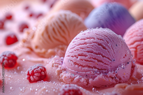 Colorful Scoops of Ice Cream with Water Droplets on Purple Background. Vibrant scoops of ice cream with water droplets  arranged on a purple background.