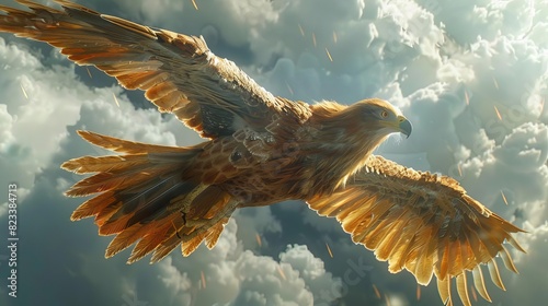 Depict a hybrid animal in a fantasy setting, combining features of a lion and an eagle, soaring through the sky, Close up photo