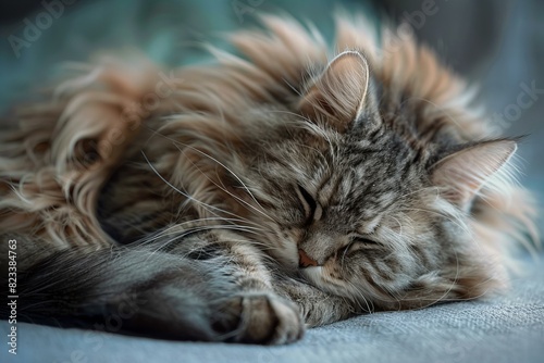 An extremely curled up, long haired cat looking down
