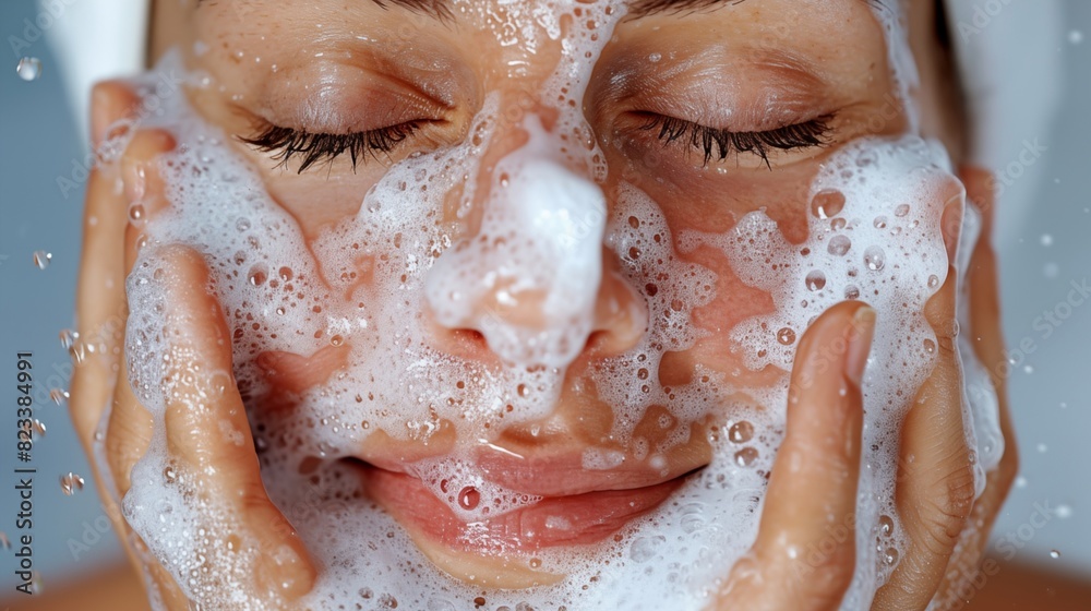 Woman uses facial foam to cleanse and maintain skin, ensuring its cleanliness and health, thus preserving a radiant and youthful complexion. Woman uses facial foam to cleanse and maintain skin, ensuring its cleanliness and health, thus preserving a radiant and youthful complexion.