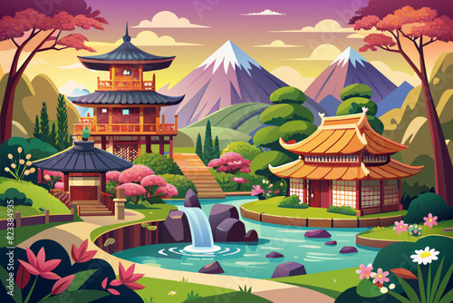 Landscape of Japanese natural views with Japanese traditional houses and fountain vector illustration 