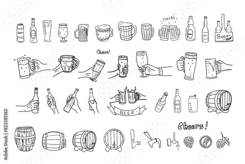 Set of beer, glasses of beer, bottle of beer in hand, glass in hand in doodle style. Mug with beer, barrel. Cheers. Great for bar menu design, packaging, pub. Hand drawn.