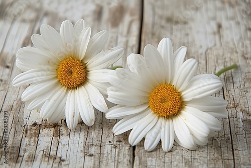 Two daisies sitting on a wooden table  high quality  high resolution