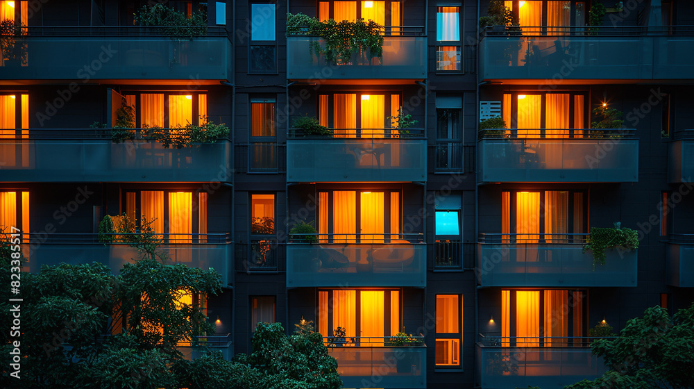 Night view of a multi-storey building with burning windows. Night view of a multi-storey building with burning windows.