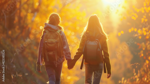 Two Young Girls Walking Hand in Hand in a Sunny Meadow, Golden Hour Light Casting Warm Glow photo