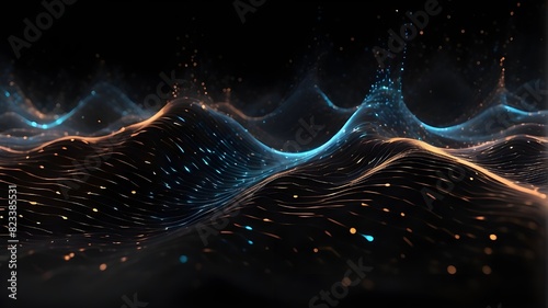 An example of data technology. futuristic backdrop that is abstract. Wave on a black backdrop with lines and dots connecting it. Particle wave. photo