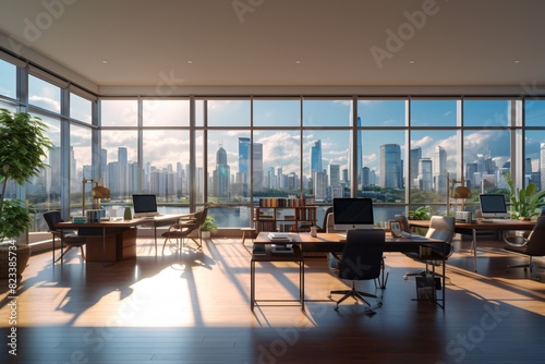 a large office with a view of a city