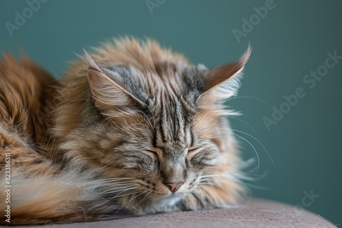 An extremely curled up, long haired cat looking down photo