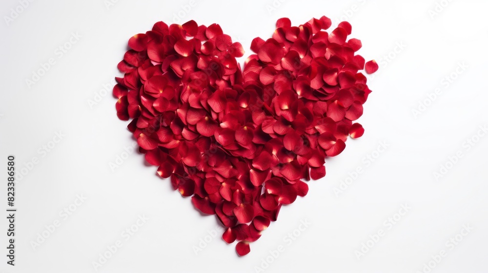 Red rose petals in the shape of a heart on white background Red rose petals in the shape of a heart on white background