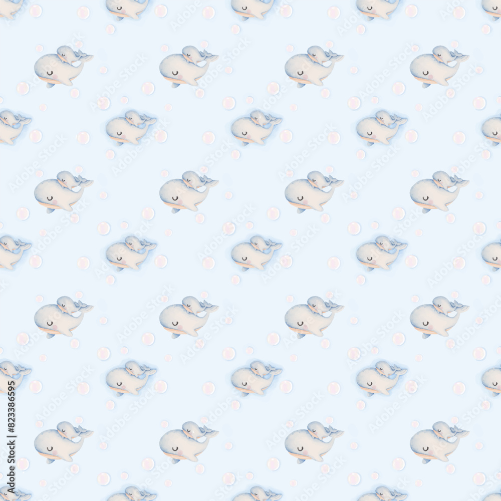 Mother and baby whales, seamless pattern
