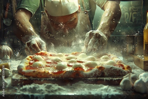 skilled chef meticulously prepares a delicious pizza on a wooden table, adding fresh toppings and spreading gooey cheese over the perfectly rolled-out dough.