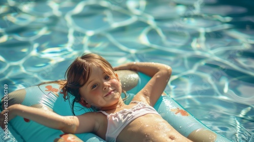 A young girl is laying on a pool float in a pool