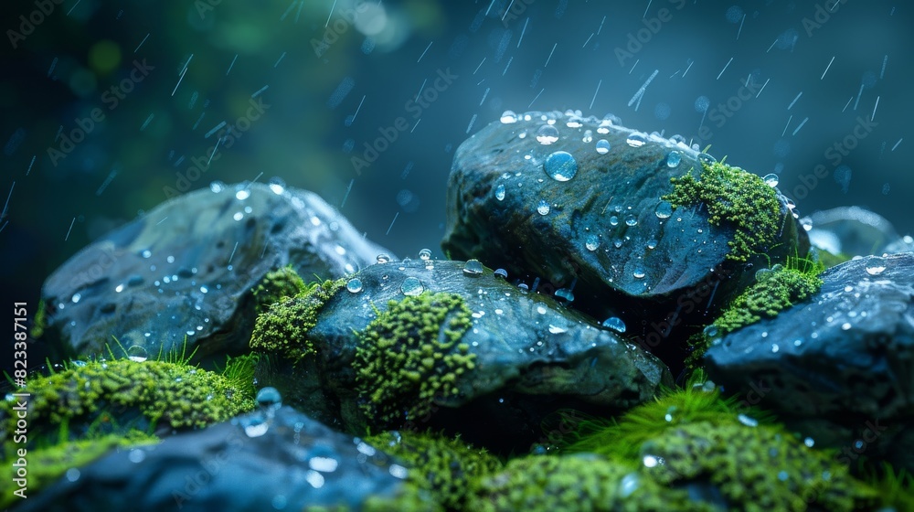 Top of the line CG, surreal photography.Close-up of wet moss on stones with water droplets. beautiful, romantic, and beautiful lighting. Blue sky, ultra-high definition, front view, Nikon Top of the line CG, surreal photography.Close-up of wet moss on stones with water droplets. beautiful, romantic, and beautiful lighting. Blue sky, ultra-high definition, front view, Nikon