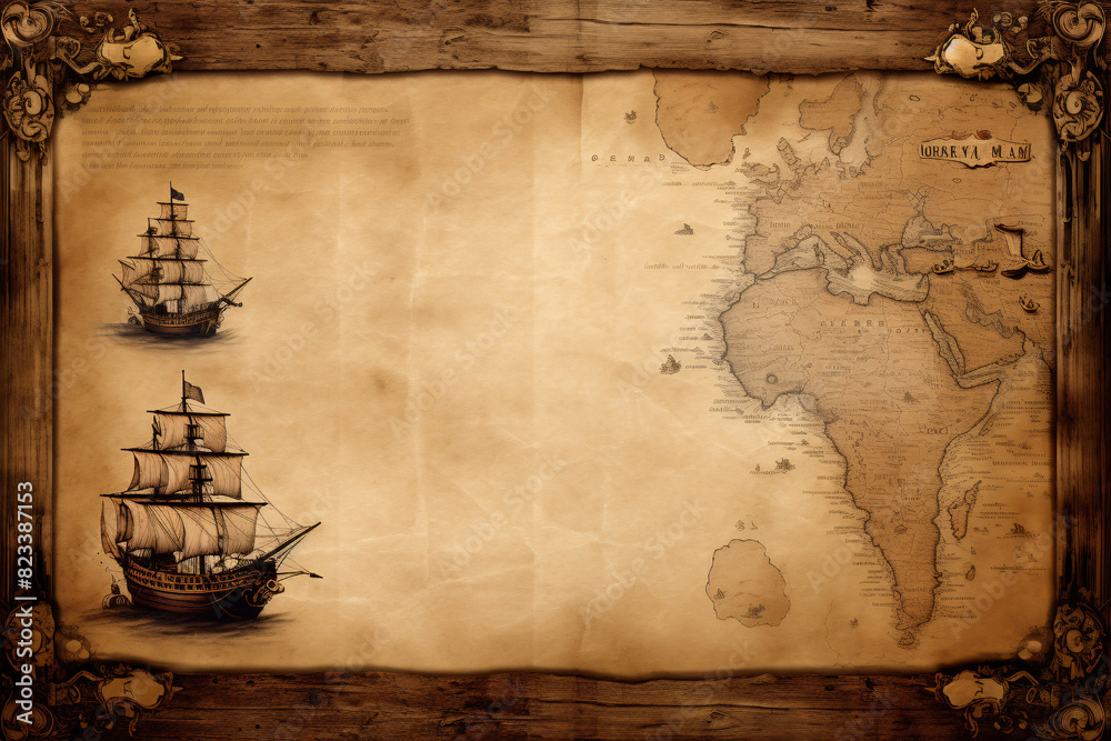 A lost pirate treasure map on a ruined old parchment with a drawing of ...